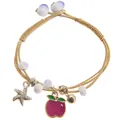 Close-up of handmade woven bracelet featuring starfish, apple charm and colorful beads - Purple Apple