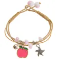 Detail of hand-woven bracelet with apple, starfish charms and pink beads on white background - Pink Apple