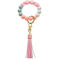Detailed macro view of Morandi silicone bead keychain bracelet with PU tassel and LOVE charm - Pink