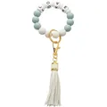 Detail of beaded keychain bracelet with silicone beads, LOVE letters and leather tassel - White
