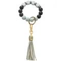 Detailed view of silicone beads with LOVE engraving, gold ring and grey PU leather tassel - Gray