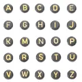 Close-up of black and gold acrylic letter beads arranged in a 5x5 grid for DIY jewelry - Alphabet / 100 Pieces (7mm) / Black With Gold Text