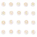 Macro detail of white acrylic beads with gold moon heart and star patterns for DIY jewelry - Geometric / 100 Pieces (7mm) / White Background With Gold