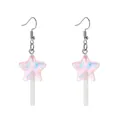 Detail of pink star lollipop earrings with iridescent glitter and white stick on hook - Pink Cellophane Star Lollipop Earrings