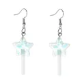 Detailed view of iridescent star-shaped lollipop earrings with white handles and silver hooks - Blue Cellophane Star Lollipop Earrings