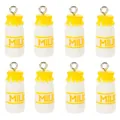 Detailed macro view of eight mini 3D resin milk bottle charms with silver metal loops - Yellow