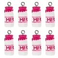 Macro detail of eight 3D resin milk bottle charms with silver metal rings for DIY jewelry - Rose Red