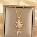 Golden flower pendant necklace with clear zircons on champagne satin in jewelry box - Gold Flower Petal Zirconia Necklace (XL3348)