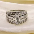Vintage silver multi-layer ring with marquise center stone and baguette accents - US 6 / Silver