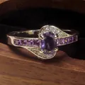 Rotating ring with oval purple gemstone and cubic zirconia on elegant wooden box - 6 / Purple Flower Style (J552) / Purple