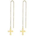 Dettaglio orecchini a catena lunga dorata con pendente a croce su sfondo bianco - Stile Croce Semplice (B45-0302)