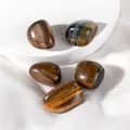 Polished tiger eye and eagle eye crystal stones displayed on a white round platform - Tiger Eye Raw Stone