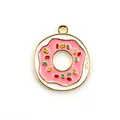 Close-up of pink and white enamel donut charm with colorful sprinkles and gold ring - Donut / 10 Pieces Pack / Pink and White