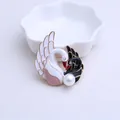 Elegant gold-plated double swan brooch with black and white enamel and a large pearl - Pink