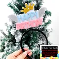 Detail of glitter gold crown and wings on Happy Birthday headband with size info - Blue Pink Letters Crown Wings Style