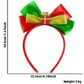 Detailed view of red and green bow Christmas headband with measurements and gift box - Gift Box Bow Style