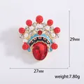 Broche masque d'opéra chinois en alliage doré avec pierres rouges et perles fines - 3245-Rouge C (Style Rond Coiffe d'Opéra)