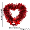 Red tinsel heart wreath with gnome and LOVE sign for Valentine decor, 33cm size - Gnome Love (No Light)