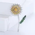 Eleganter Löwenzahn-Blumen-Brosche mit Goldblättern und grünem Emaille-Blatt - Silber-2396