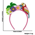 Pink tropical party headband featuring felt daisies and a colorful sequined parrot - Parrot & Coconut Tree