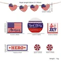 Patriotic July 4th wooden tiered tray decor set with flag ornaments and USA themed signs - Flag Heart Style