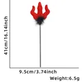 Detail of red sequined devil pitchfork with black feather trim and size dimensions - Scepter Style / Red Devil Trident Wand