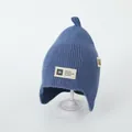 Blue knit baby elf hat with ear flaps and OK letter patch for winter warmth - One Size / Blue