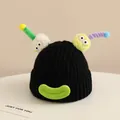 Detail of black knit hat featuring colorful monster antennae and plush pom-poms - Baby Approx 2-6 Years / Black