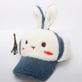 Detalle del gorro con orejas de conejo en vellón azul y blanco con bordado de dibujos - Niños aprox 3-10 años / Azul