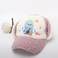 Winter kid trapper hat with cartoon dinosaur design in beige and purple fleece - Kids approx 3-10 years / Pink