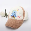 Beige and brown plush winter trapper hat with cartoon dinosaur embroidery for children - Kids approx 3-10 years / Khaki