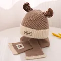 Winter baby knit hat and scarf set in coffee brown with cute deer antlers - One Size(48-52cm) / Coffee