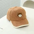Winter teddy fleece baseball cap in dark brown with bear embroidery and cream piping - 50-54cm / Khaki