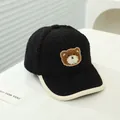 Winter black lamb wool baseball cap for kids with white trim and bear embroidery - 50-54cm / Black
