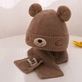 Brown toddler knit hat and scarf set featuring cute bear ears and embroidery details - Baby Size / Coffee