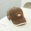 Winter brown sherpa baseball cap with teddy bear embroidery and contrast piping - 50-54cm / Coffee