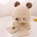 Winter beige knit hat and scarf set with cute bear ears and embroidery for toddlers - Baby Size / Deep Beige