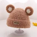 Khakibraune Strickmütze für Kinder mit Bärenohren und weichem Plüschfutter für Winter - Einheitsgröße (3-10 Jahre) / Dunkelkaffee