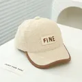 Beige lamb wool baseball cap for kids with brown FINE letter patch and contrast brim - Kids 50-54CM / Style 1 / Beige