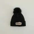 Winter knit beanie for kids in black with fluffy pompom and 'make' letter embroidery - Children 3-10 Years Old / MAKE Letter Patch Style / Black