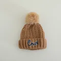 Brown winter knit hat for kids with a fluffy pompom and Crush letter patch embroidery - Children 3-10 Years Old / CRUSH Letter Patch Style / Coffee