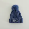Winter knit beanie for kids in dark blue with pompom and Crush embroidery detail - Children 3-10 Years Old / CRUSH Letter Patch Style / Style 2 Blue