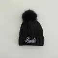 Kids black knit beanie with plush pom-pom and blue Crush varsity letter patch - Children 3-10 Years Old / CRUSH Letter Patch Style / Black