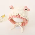 Infant knit beanie with bunny heart ears and ruffle brim in cream and pink - Heart Style / Light Beige