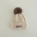 Winter knitted cream hat with brown fur pom-pom and make embroidered patch - Children 3-10 Years Old / MAKE Letter Patch Style / Beige