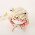 Winter knitted baby hat in cream white with pink ruffle trim and 3D floral accents - Heart Style / Deep Beige