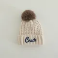 Beige kids knit beanie with brown faux fur pom and navy Crush embroidered patch - Children 3-10 Years Old / CRUSH Letter Patch Style / Beige