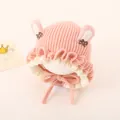 Pink and cream knit baby hat with rabbit ears and bow details in a soft finish - Rabbit Ears Style / Pink