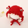Winter knitted baby bonnet in red with cute heart details and lace-up straps - Heart Style / Red