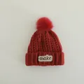 Winter knit hat in wine red with fluffy pompom and embroidered MAKE patch for kids - Children 3-10 Years Old / MAKE Letter Patch Style / Burgundy